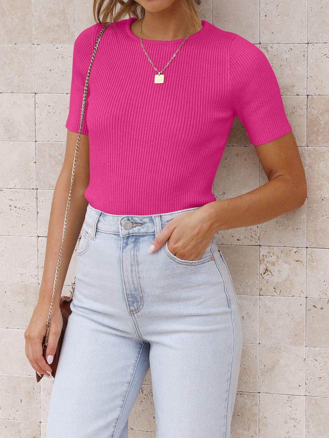 Mandy Ribbed Round Neck Short Sleeve Knit Top