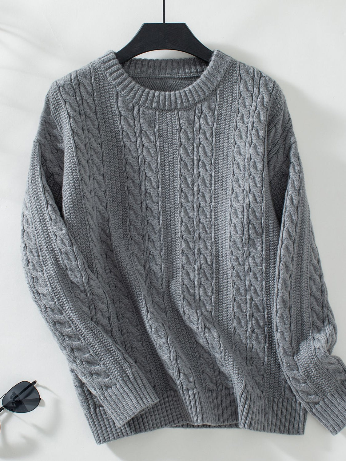 Cable-Knit Round Neck Long Sleeve Sweater