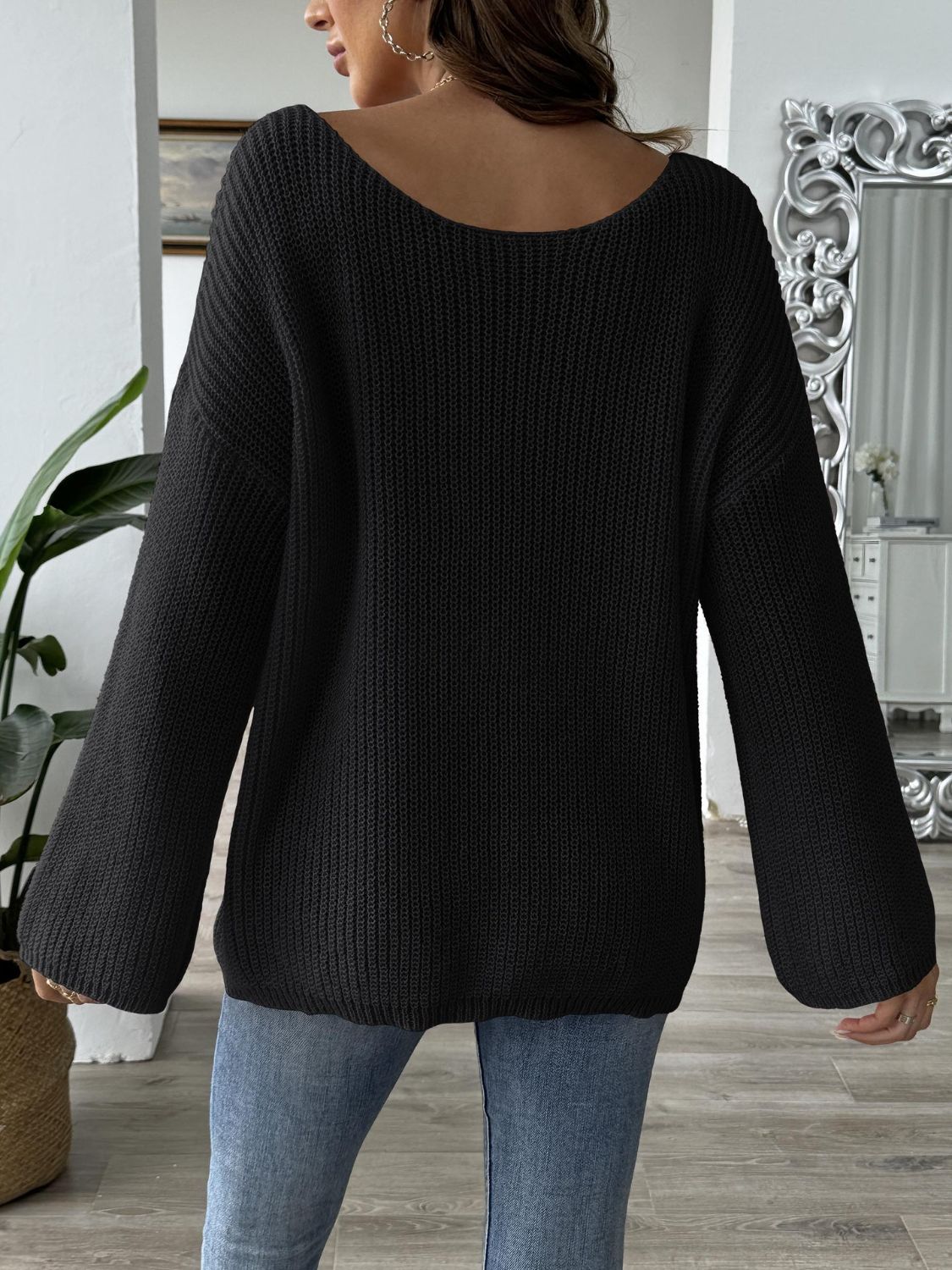 Bow Boat Neck Long Sleeve Sweater