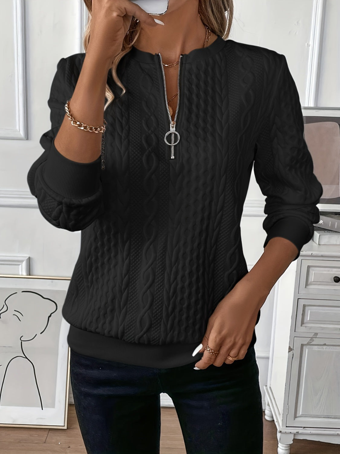 Texture Half Zip Long Sleeve Sweatshirt