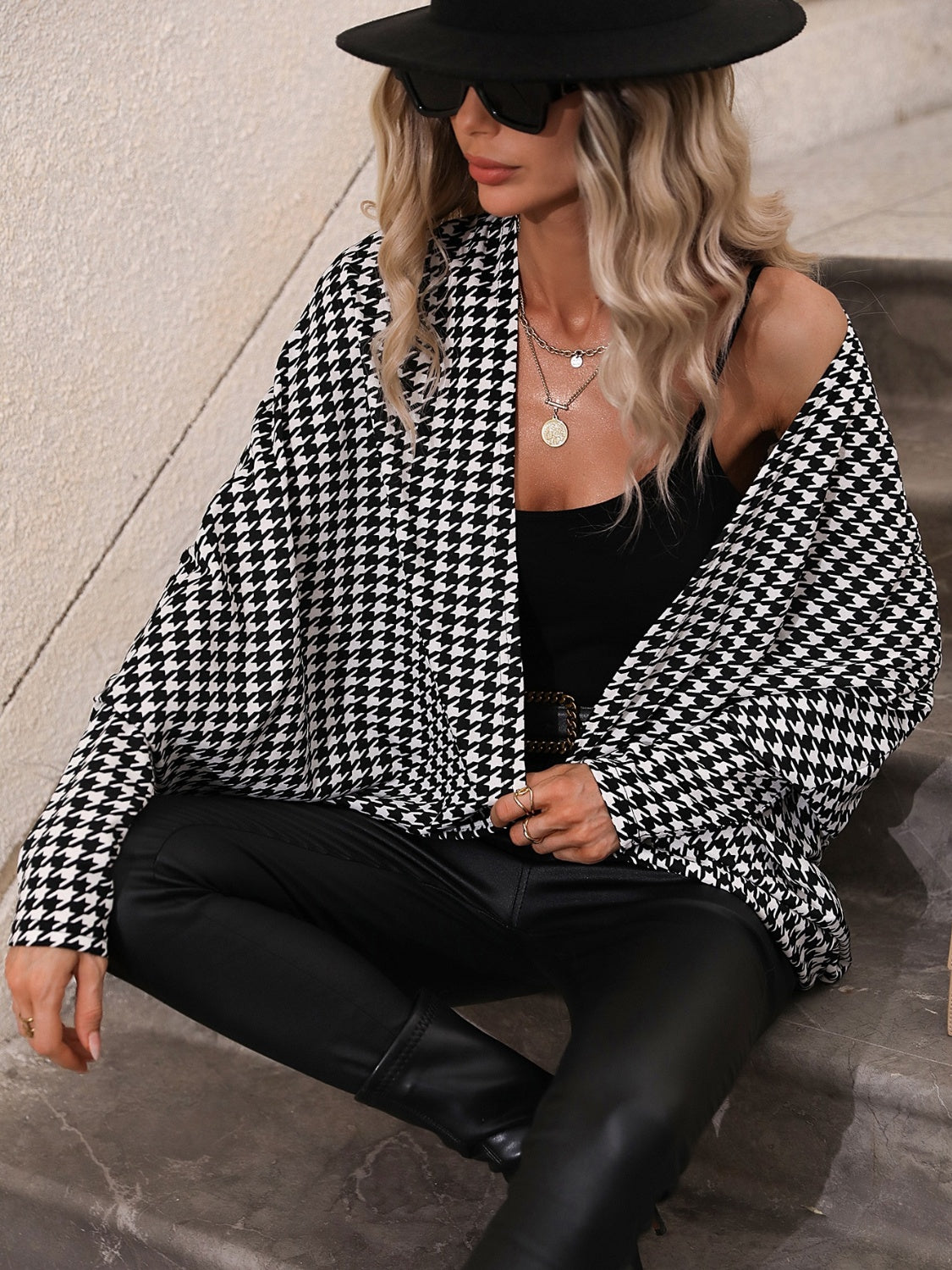 Houndstooth Open Front Batwing Sleeve Cardigan